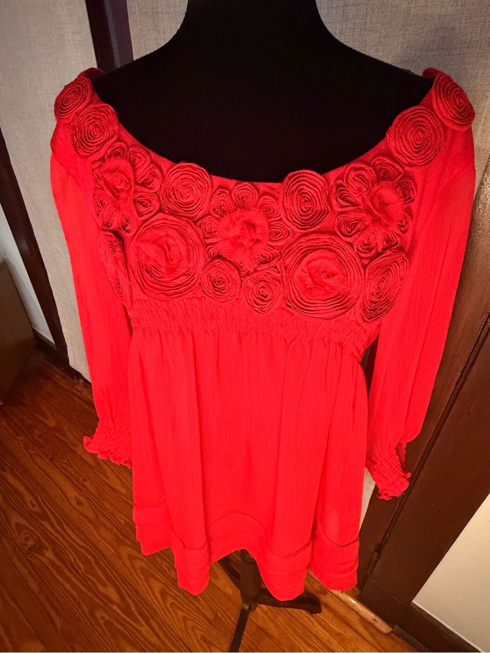 Ice Red Floral Rosette Peasant Tunic